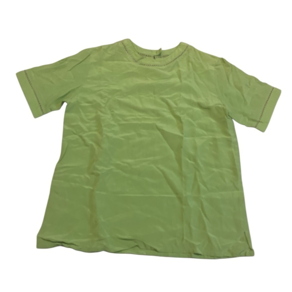 Vintage Casual Corner 100% Silk Lime Green Top Tee Blouse Crocheted Trim Sz S